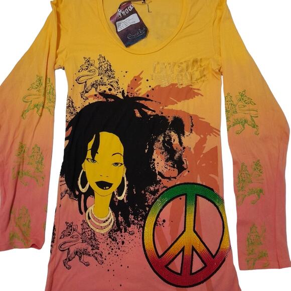 Christian Audigier Tops - Christian Audigier Crystal Rock Jamaica Peace Top Women L Y2Kstyle Y2K Hippy
